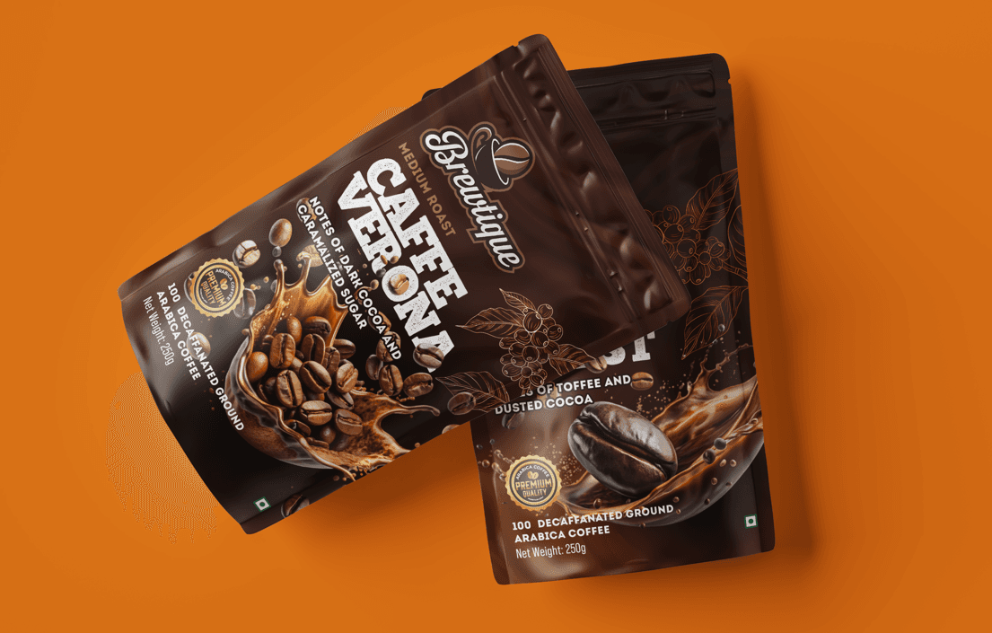 Brewtique coffee pouch packaging design with bold flavor storytelling