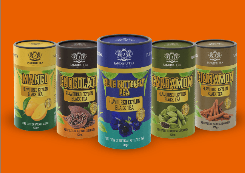Lakdinu tea tube packaging series with flavor-based color coding